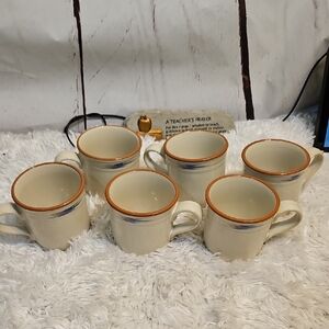 Set of 6 Stoneware Coffee Mugs Beige Blue Brown Trim Farmhouse‎ Style